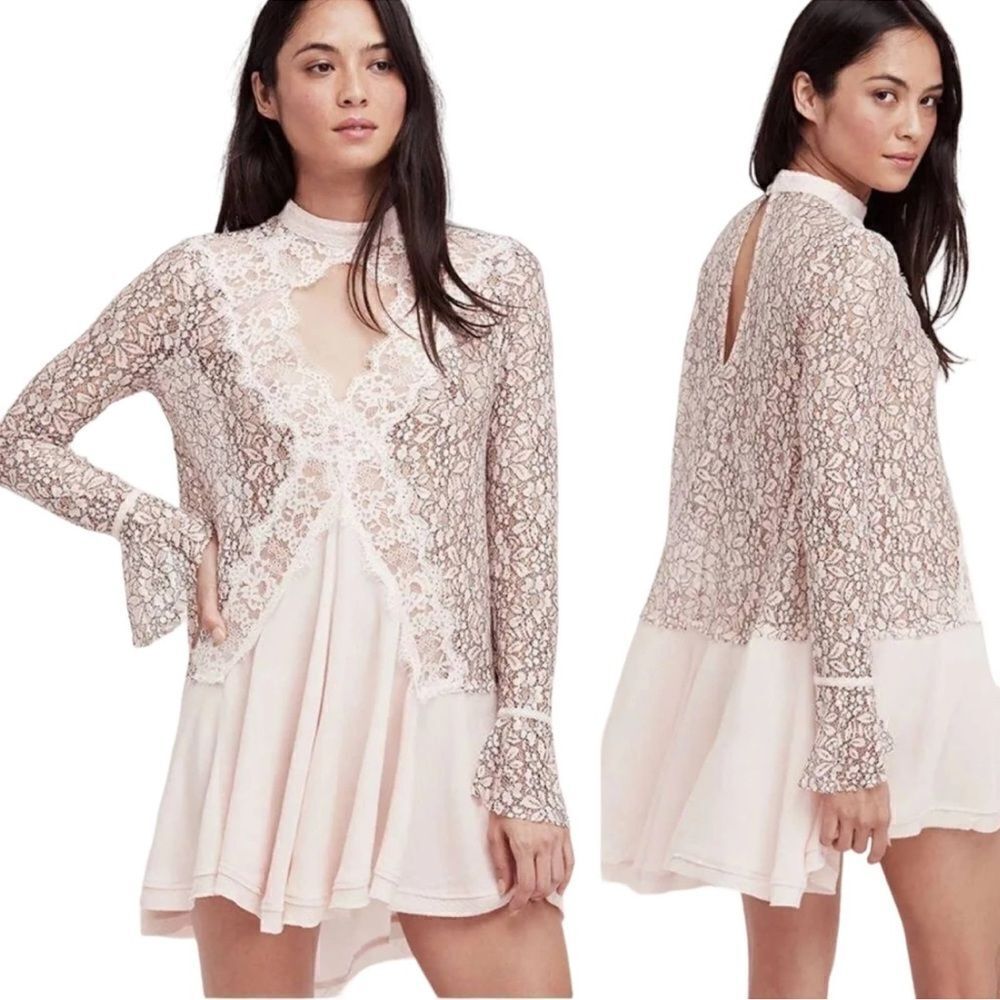 Free People Tell Tale Sheer Lace Tunic Mini Dress Keyhole Long Sleeve OB556692